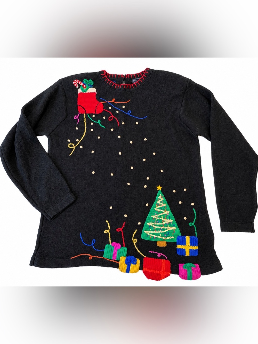 Vintage 1990s Karen Scott Hand Embroidered Christmas Sweater Black M Holiday